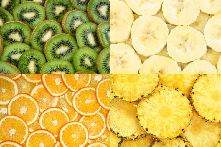 Fruits like bananas, oranges, kiwis, and pineapples