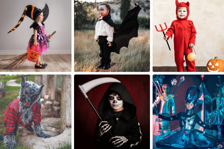 Witch, grim reaper, devil, werewolf, vampire, alien costumes